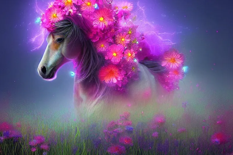 Prompt: a stunning digital painting of a horse with a mane of bioluminescent flowers running through a field of flowers by eddie mendoza, flowerpunk, volumetric light, digital art, fine detail, photorealistic