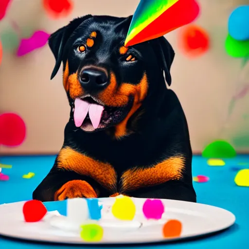 Prompt: a high - quality photo of a cute rottweiler with a half - eaten birthday cake, party streamers, 4 5 mm, f 3. 5, sharpened, iso 2 0 0, raw,
