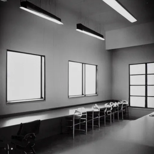 Image similar to noisy color photograph of a break room, laboratory, dark corners, minimalist, cinematic, soft vintage glow