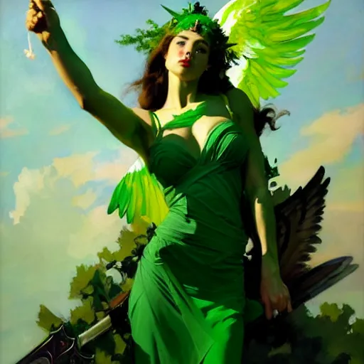 Image similar to greg manchess painting of goddess of hunt wearing green clothes, green and white long hair, long green wings, large green sword, trending on artstation, by huang guangjian and gil elvgren and sachin teng