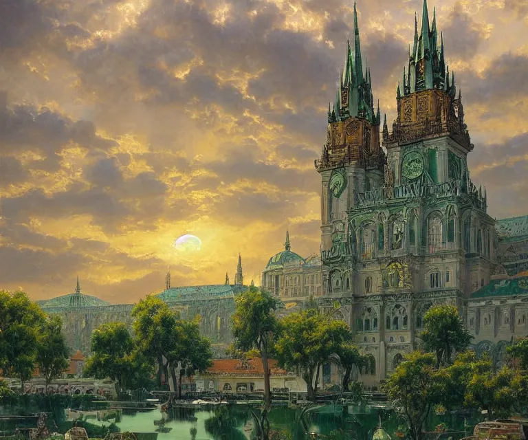Prompt: a detailed oil painting of an intricate, ornate arabian prague palace made of green, polished semiprecious malachite marble and jade, hyper detailed, hd, artstation, beautiful sunrise lighting, by john williams waterhouse, thomas kincade, michael whelan and donato giancola