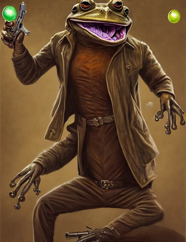 Prompt: anthropomorphic bipedal frog that is wearing a brown leather trenchcoat, and dual wielding revolver pistols, as a matte oil painting and d & d character art, by alex grey, standing, fullbody, floating bubbles, enlightenment, mystic, concept art, award - winning, extremely detailed, sharp focus