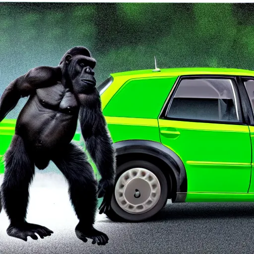 Image similar to angry gorilla smoking in front of a volkswagen polo, hyperrealistic, 4 k