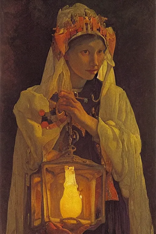 Image similar to queen of the twilight with her lantern , by Annie Swynnerton and Nicholas Roerich and Vermeer, strong dramatic cinematic lighting , ornate headdress , lost civilizations, smooth, sharp focus, extremely detailed