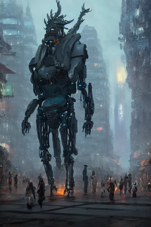 Image similar to a portrait of a robot in the middle foreground walking in the street of an elven city by Greg Rutkowski, Sung Choi, Mitchell Mohrhauser, Maciej Kuciara, Johnson Ting, Maxim Verehin, Peter Konig, final fantasy , mythical, 8k photorealistic, cinematic lighting, HD, high details, atmospheric,