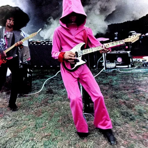 Image similar to a person in a Godzilla costume as Jimi Hendrix performing on stage at Woodstock, photo