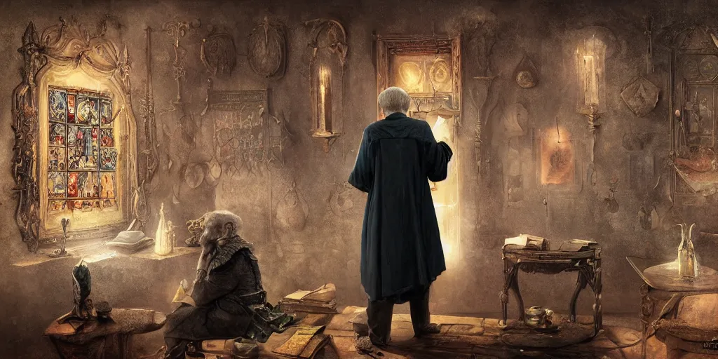 Prompt: back shot of wizened aristocrat examining the mysteries of tarot cards on a magical blackboard, fantasy art, matte painting, high quality, digital painting, artwork by tony sart