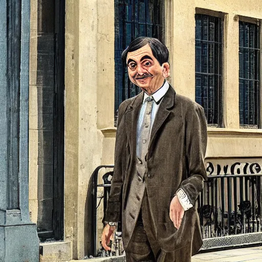 Prompt: mr. bean walks down a street on a sunny day by antonio canova