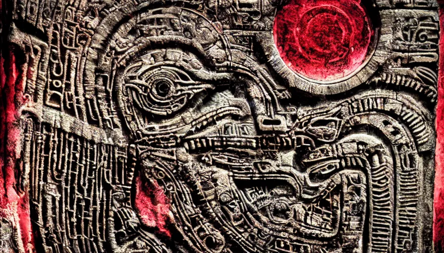 Image similar to h. r. giger hieroglyphs, sorrow intense likely, acid bleeding deep colors, sense of decay given, throw into the abyssal despair, various refining techniques, micro macro auto focus, top photography photo art gallery, realistic photo, insane detail