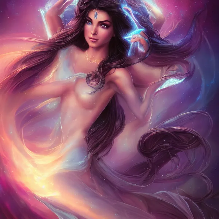 Image similar to beautiful cinematic fantasy poster, a beautiful princess goddess like princess jasmine with flowing illuminated hair, beautiful glowing galaxy eyes, wideshot ultrawide angle epic scale, hybrid from The Elden Ring and art direction by Darius Zawadzki ;by artgerm; wayne reynolds art station; cinematic quality character render; low angle; ultra high quality model; production quality cinema model;