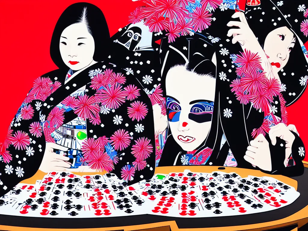 Image similar to hyperrealistic composition of the detailed woman in a japanese kimono sitting at a extremely detailed poker table with hyperdetailed darth vader, fireworks, mountain fuji on the background, pop - art style, jacky tsai style, andy warhol style, acrylic on canvas