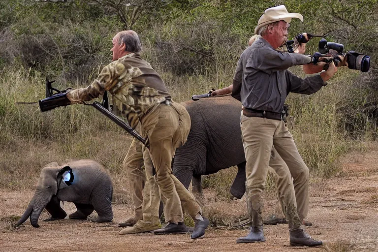 Image similar to Cinematography the king Juan Carlos I of Spain shooting an elephant with a rifle in an african safari by Emmanuek Lubensky