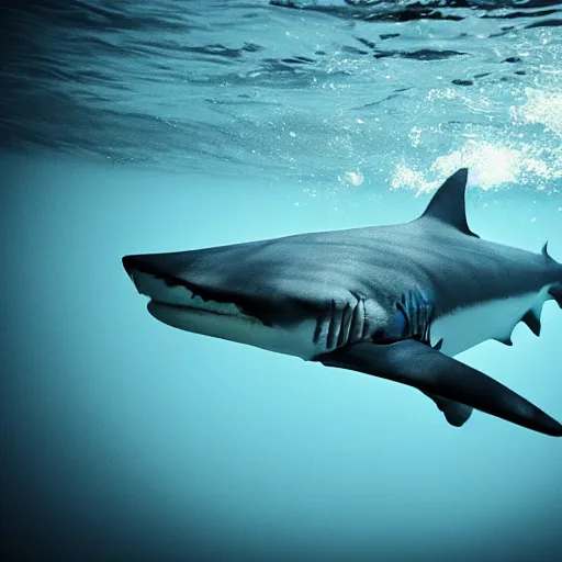 Image similar to a shark made of paper, ocean, underwater photo