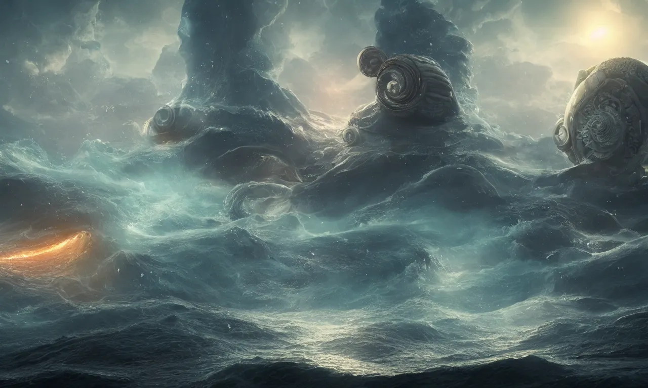 Image similar to A surreal and ethereal magical landscape with a nautilus in the foreground, energy flows of water and fire, translucent, a highly detailed epic cinematic concept art CG render, made in Maya, Blender and Photoshop, octane render, excellent composition, surreal, dream like, by Ekaterina Savic