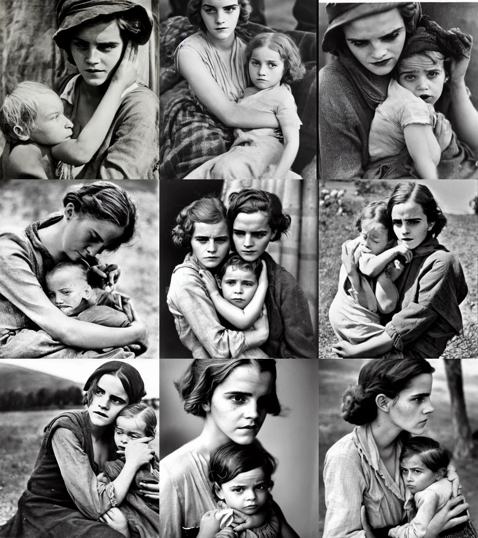 Prompt: Old, aged, lined Emma Watson as migrant mother, 1936, gritty depression era photo by Dorothea Lange