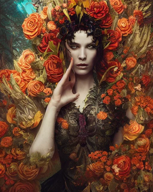 Prompt: portrait of the spanish queen of the underworld, surrounded by flowers by karol bak, james jean, tom bagshaw, rococo, sharp focus, trending on artstation, cinematic lighting, hyper realism, octane render, 8 k, hyper detailed.