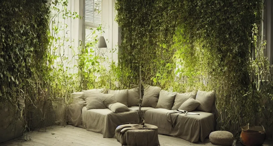 Prompt: IKEA catalogue photo, high end farm house style living room, sand piled in corners, dust, organic, vines, overgrown, tropical, by Beksiński