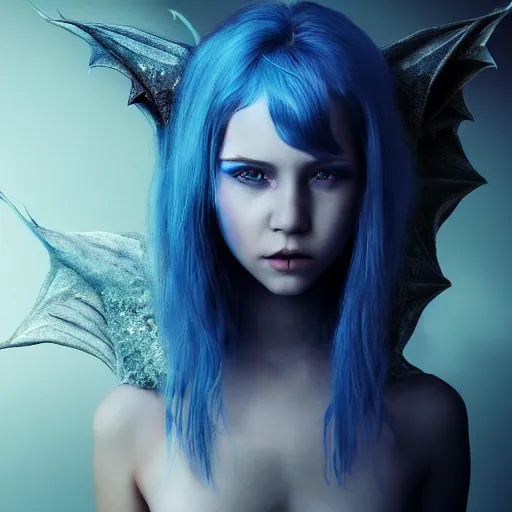 Image similar to The dragon girl portrait, portrait of young girl half dragon half human, dragon girl, dragon skin, dragon eyes, dragon crown, blue hair, long hair, highly detailed, cinematic lighting, Matte painting by David Lynch