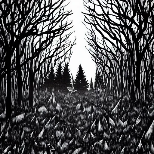 Prompt: dark forest illustration, 4k detailed, black ink on white paper, dark fantasy, white space in middle