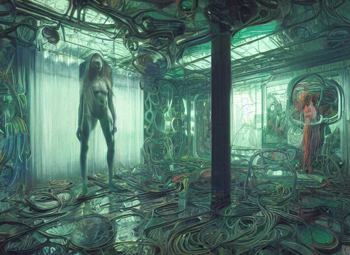 Prompt: a room made out of mirrors, neon, RGB, glowing wires everywhere, pristine, by Edgar Maxence and Ross Tran, Zdzisław Beksiński, and Michael Whelan, distant, gustav dore, H.R. Giger, 8k, octane render