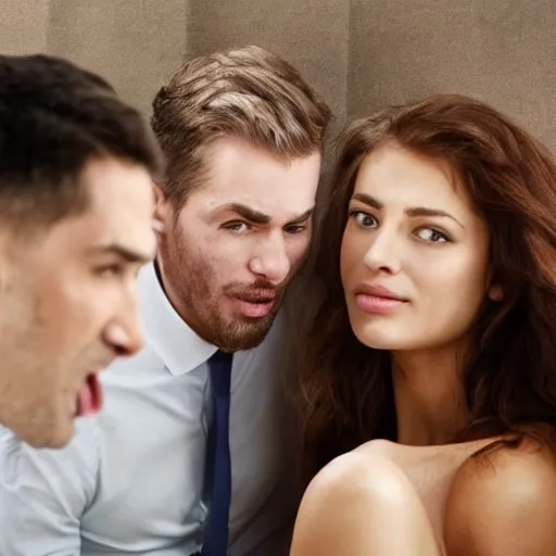 Image similar to a man licking a women's hair, the women's eyes are looking at the man who is to her left.