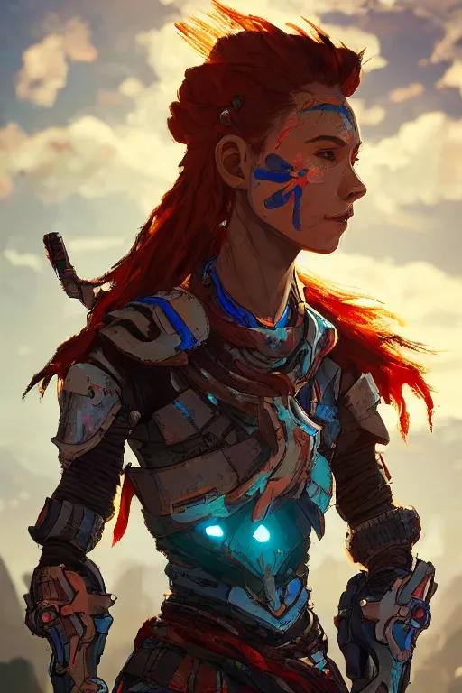 Image similar to combination suit armor aloy horizon forbidden west horizon zero dawn radiating a glowing aura global illumination ray tracing hdr fanart arstation by ian pesty and alena aenami artworks in 4 k tribal robot ninja mask helmet backpack