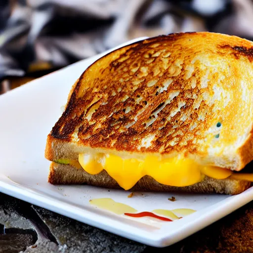 Prompt: A delicious grilled cheese on a plate, garnish, melted cheese, toasted bread, food photography, michelin star, mold, rot