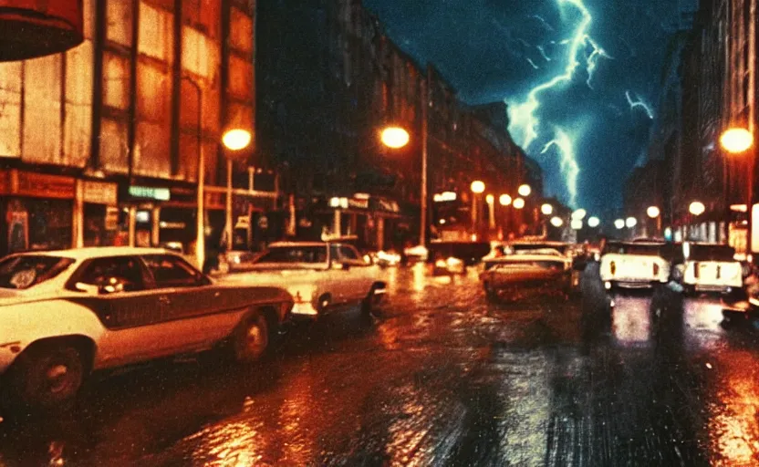 Image similar to 70s movie still of a sovietic street with pedestrians with soviet highrise in the backround , Cinestill 800t 18mm ektachrome color, heavy grainy picture, very detailed, high quality, 4k panoramic, HD criterion, dramatic lightning, neon billboards and streetlight at night, rain, mud, foggy