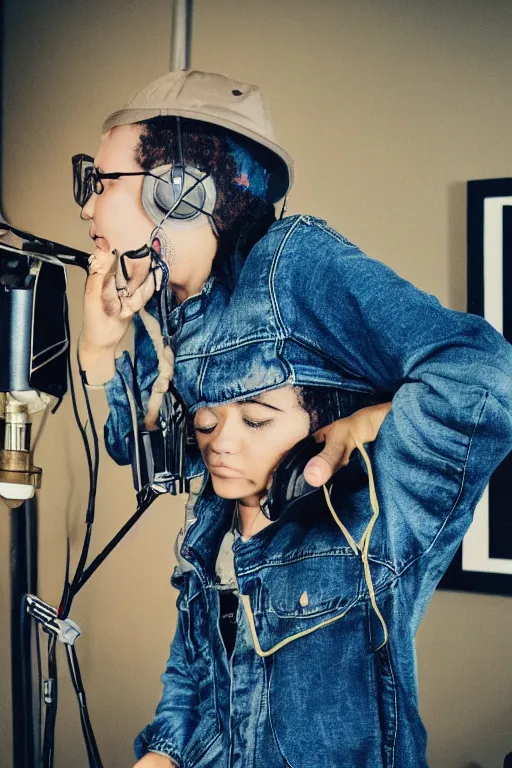 Image similar to Photo of hip hop cow in a denim jacket recording a hit single in the studio