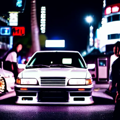 Image similar to a car JZX100 at illegal car meet, Shibuya prefecture, city midnight mist, cinematic color, photorealistic, highly detailed, 200MM