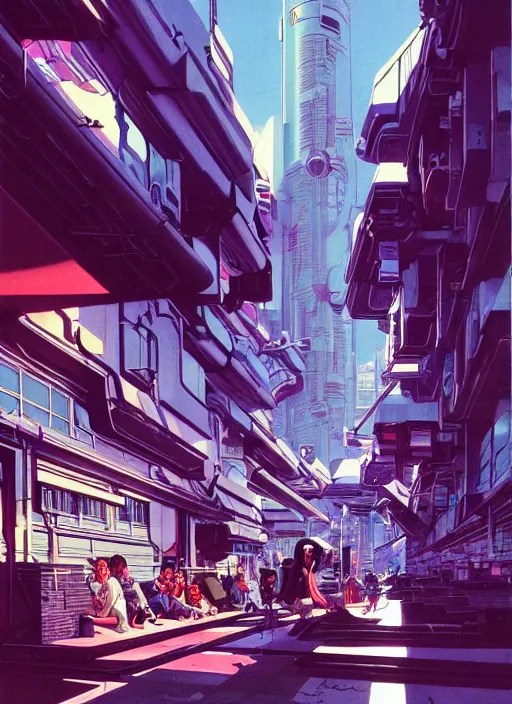 Prompt: photo of cyberpunk school, scifi, bright light, busy street, high school!!!!, morning sun, interesting angle, 8 k high definition, insanely detailed, art by syd mead and masamune shirow