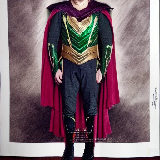 Image similar to Elijah Wood as Loki, full body portrait