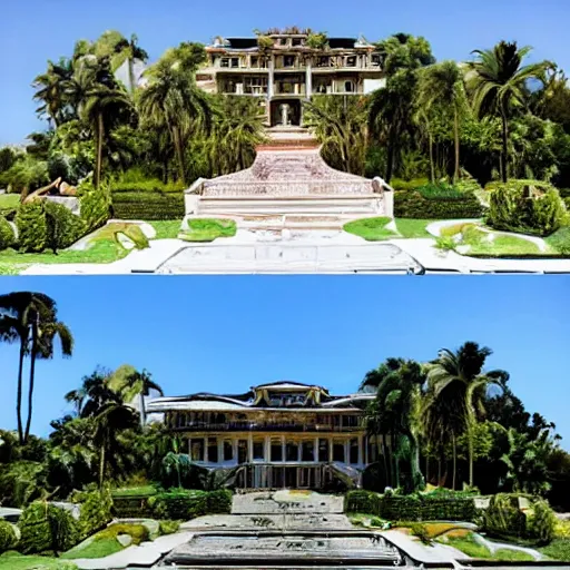 Prompt: The Mansion from Scarface (1983) being reclaimed by nature, in ruins, The world is yours statue