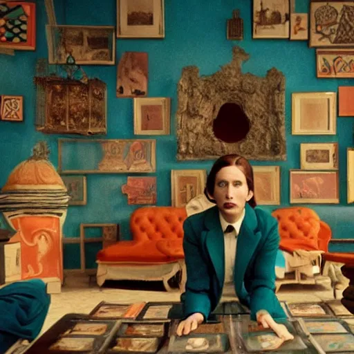 Image similar to film still from surreal arthouse film, avant garde, wes anderson color palette, unusual lighting choices, award winning set design