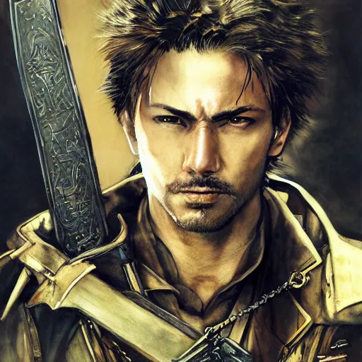 Image similar to portrait of a hero holding his sword in front of his face by yoji shinkawa, high quality, extra details, realism, ornate, colored, golden chain, blood, white skin, short hair, brown eyes, vivid, sunlight, dynamic, american man, freedom, white american soldier, painting