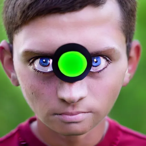 Prompt: serious looking 9 year old boy with googly eyes