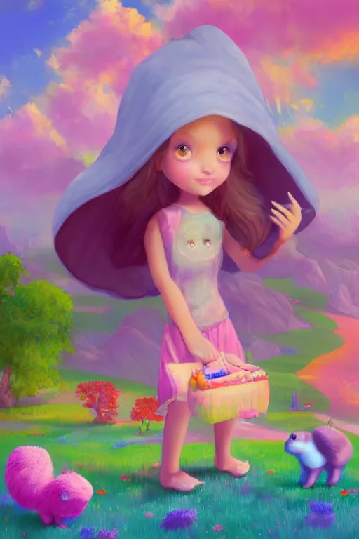 Image similar to matte sharp painting cute little girl and rabbit landscape painted by mark rydel artstation behance storybook lisa frank