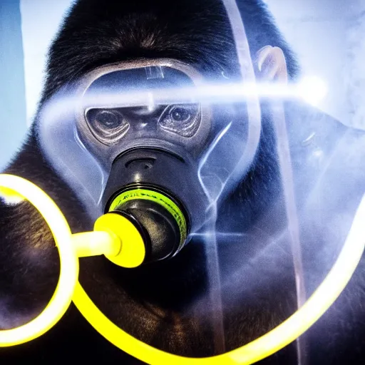 Image similar to high quality photo of A gorilla wearing a world war 2 gas mask in a lab with neon lights, realism, 8k, award winning photo