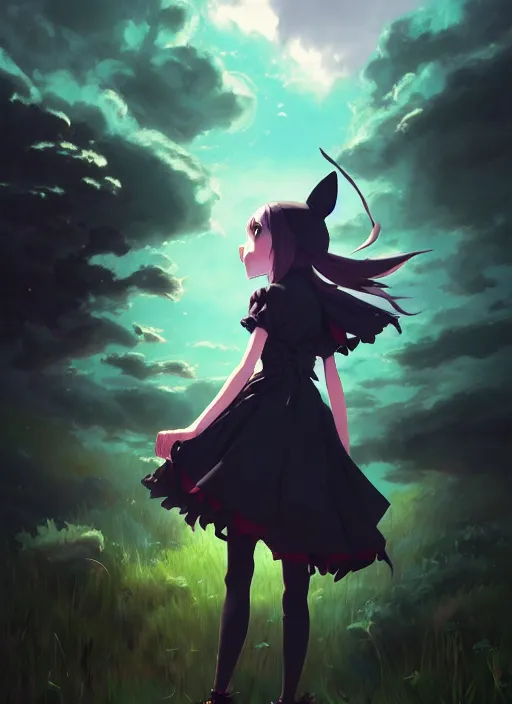 Image similar to portrait of gothic alice from wonderland, cloudy sky background lush landscape illustration concept art anime key visual trending pixiv fanbox by wlop and greg rutkowski and makoto shinkai and studio ghibli