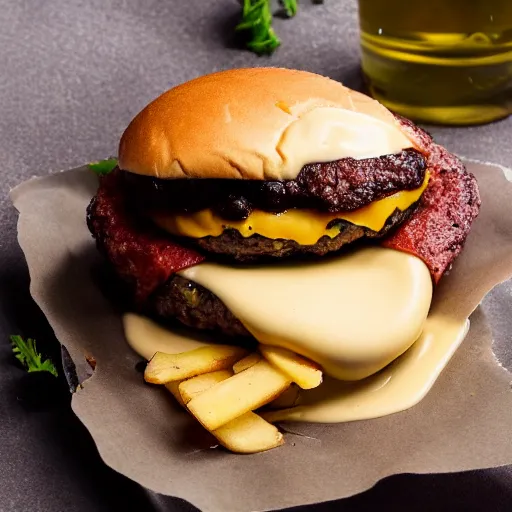 Prompt: the most delicious cheese burger with all ingredients, highly professional food photography, beautiful delicious