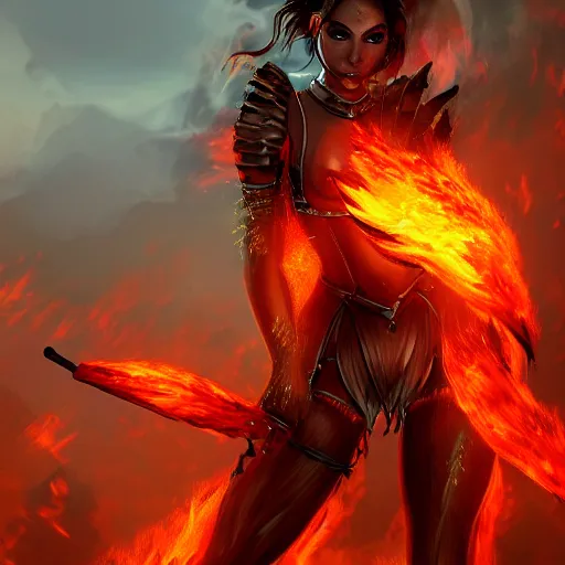 Image similar to Hot fire goddess, skin of flames, body made of fire, wearing armor, rampaging, stormy background, forest fire, breathing fire, fire in hand, concept art, tiny person watching, artstation, 4k