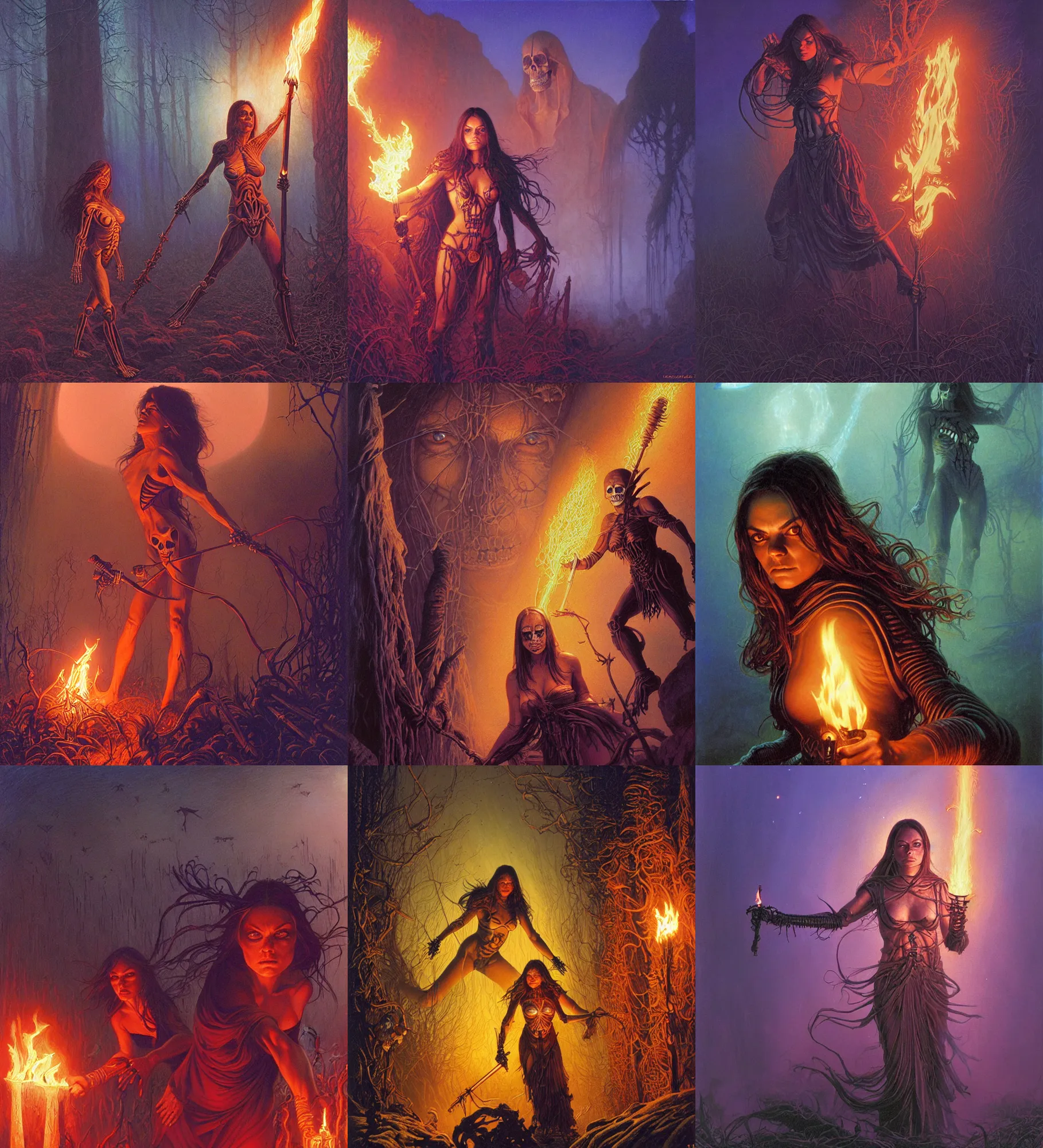 Prompt: ultra - fit priestess sorceress mila kunis action close - up portrait as skeletons approach, fog, fireflies, torch light, donato giancola, tim hildebrandt, wayne barlow, bruce pennington, larry elmore