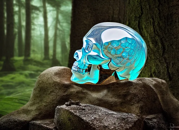 Prompt: crystal skull encased in a crystal box On a pedestal in ancient ruins in the forest. Fantasy horror style. Highly detailed 8k. Intricate. Nikon d850 55mm. Award winning photography.