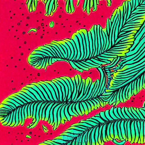 Image similar to vintage colored detailed illustration of random seaweed, neon colors