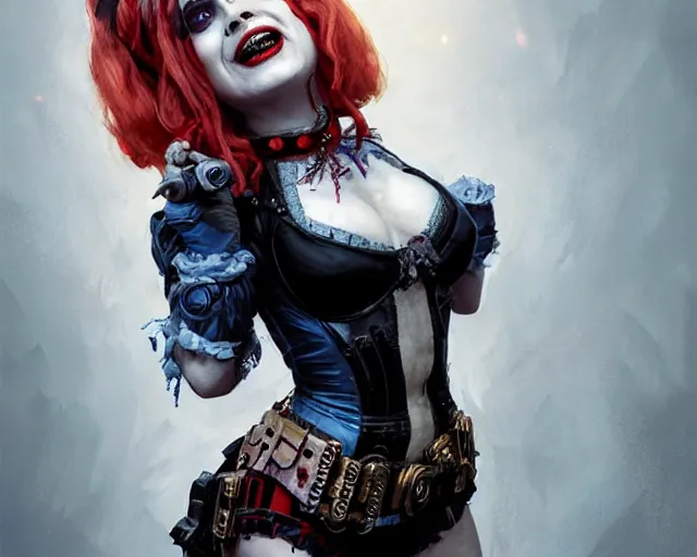 Image similar to highly detailed portrait of helena bonham carter as harley quinn, in batman : arkham knight, stephen bliss, unreal engine, fantasy art by greg rutkowski, loish, rhads, ferdinand knab, makoto shinkai and lois van baarle, ilya kuvshinov, rossdraws, tom bagshaw, global illumination, radiant light, detailed and intricate environment