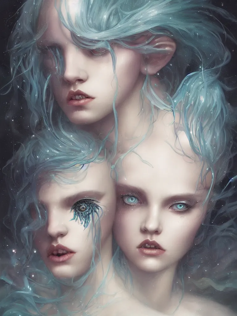 Prompt: a seapunk portrait of a nymph with shadowy eyes and bonewhite hair, with black glossy lips, hyperrealistic, award-winning, masterpiece, in the style of Tom Bagshaw, Cedric Peyravernay, Peter Mohrbacher