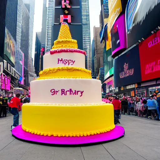 Prompt: 5 0 ft high birthday cake in the middle of times square, canon eos r 3, iso 2 0 0, 1 / 1 6 0 s, 8 k, raw, unedited, symmetrical balance, in - frame