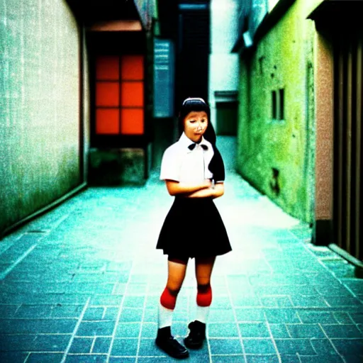 Image similar to 1990s perfect 8K HD professional cinematic photo of a japanese schoolgirl, in sci-fi alleyway at evening, at instagram, Behance, Adobe Lightroom, with instagram filters, depth of field, taken with polaroid kodak portra