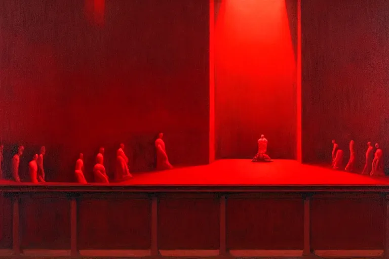 Image similar to only with red, crowd screaming, an exposed painting in a roman theater, in the style of beksinski, parts by edward hopper, parts by rodcenko, parts by yue minjun, intricate and epic composition, red by caravaggio, insanely quality, highly detailed, masterpiece, red light, artstation, 4 k