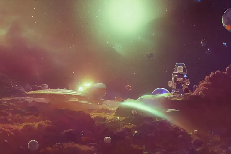 Prompt: astroneer chasing a distant spaceship Anime, wide angle, fine details, cinematic. galaxy starscape. realistic shaded lighting by Ilya Kuvshinov Giuseppe Dangelico Pino and Michael Garmash and Rob Rey greg rutkowski, octane render, IAMAG premiere, aaaa achievement collection, elegant freckles, cinematic hologram, fabulous, daily deviation, annual award winner